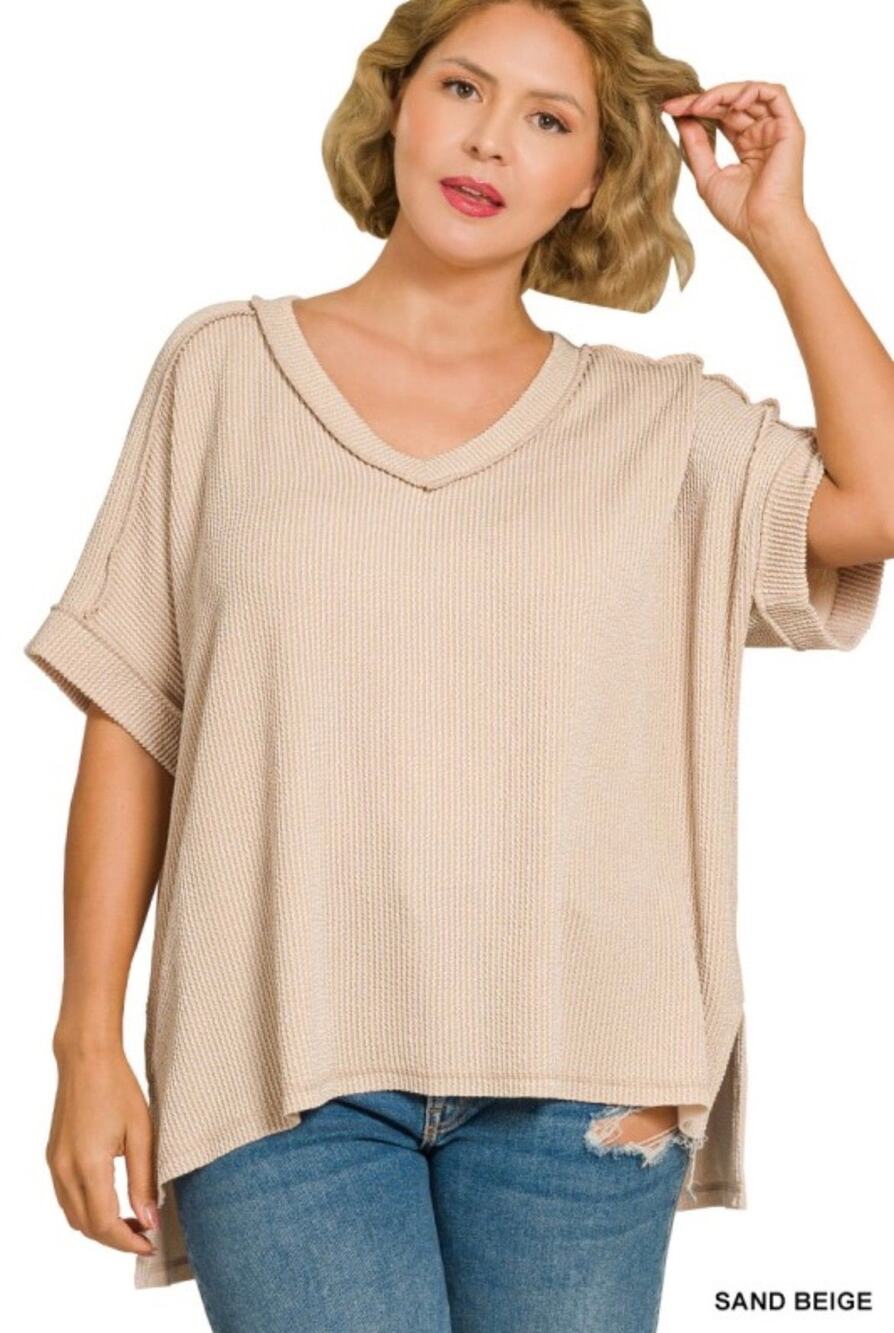 171. Zenana Sand Beige Ribbed Relaxed Fit V-Neck Short Sleeve Top